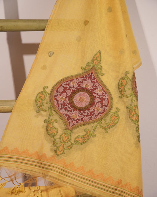 Mustard Yellow and Terracotta Muga Cotton Unstitched Suit Set