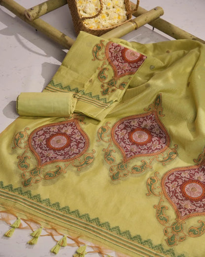 Pista Green Paisley Muga Cotton Unstitched Suit Material with Printed Dupatta