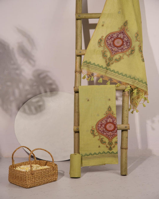 Lime Green and Forest Green Muga Cotton Unstitched Suit Set.