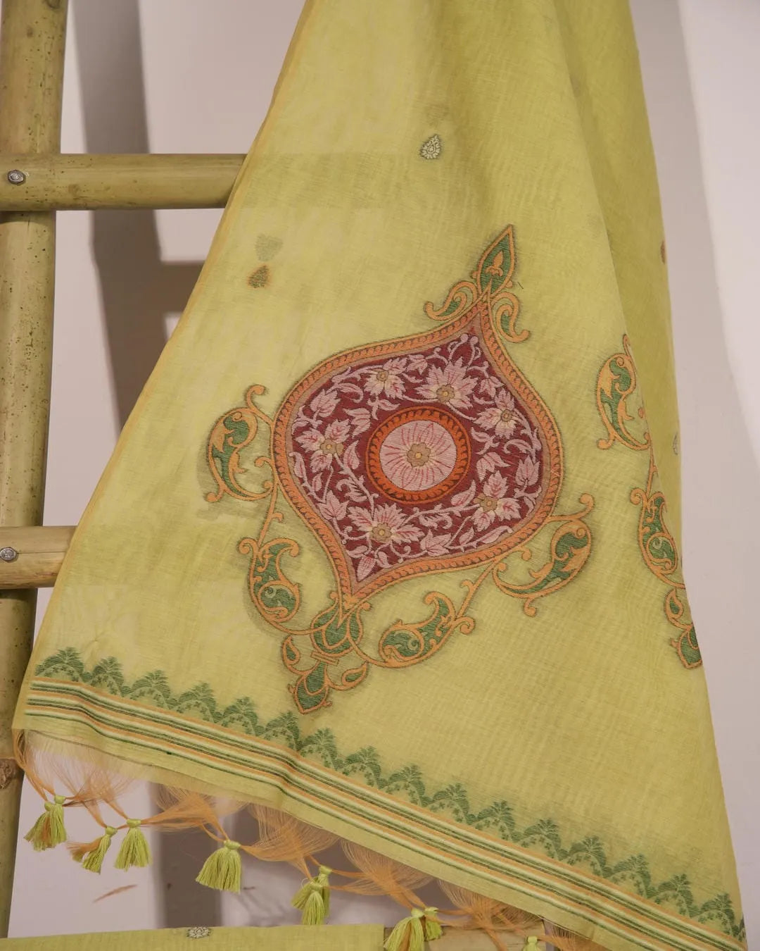Pista Green Paisley Muga Cotton Unstitched Suit Material with Printed Dupatta
