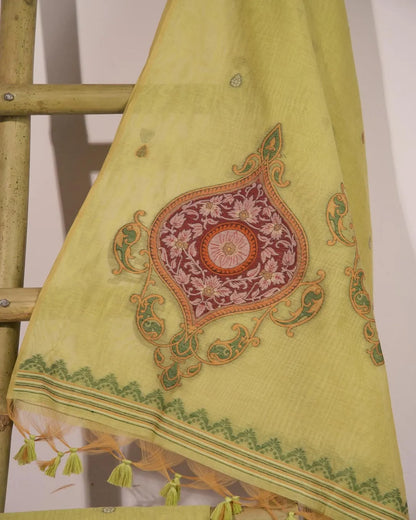 Pista Green Paisley Muga Cotton Unstitched Suit Material with Printed Dupatta