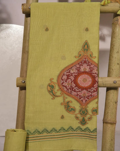 Pista Green Paisley Muga Cotton Unstitched Suit Material with Printed Dupatta