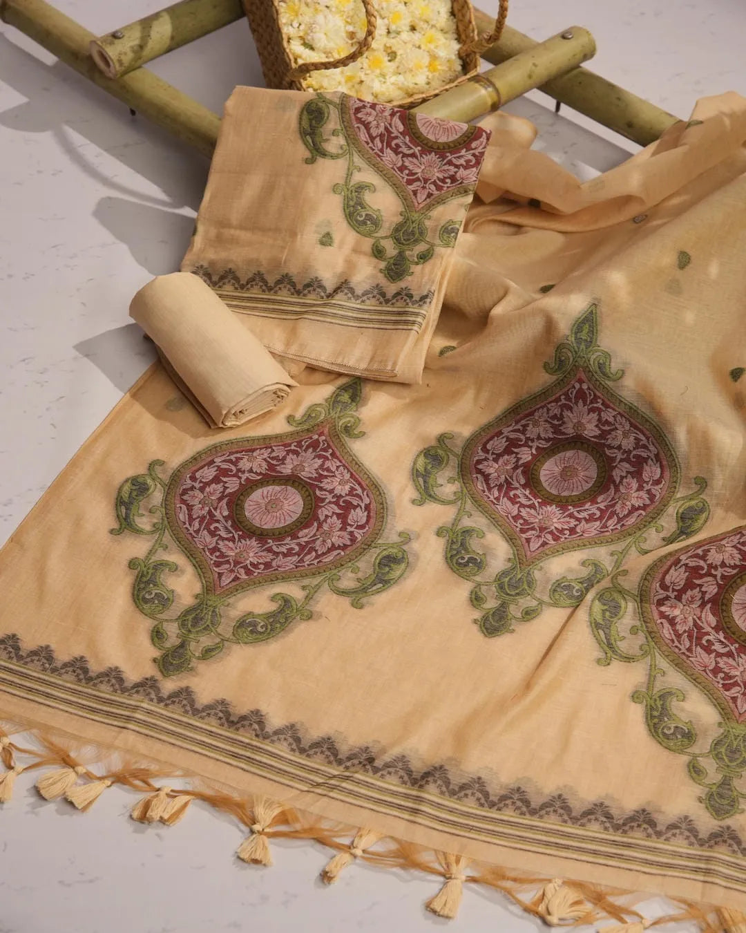 Pista Green Paisley Muga Cotton Unstitched Suit Material with Printed Dupatta