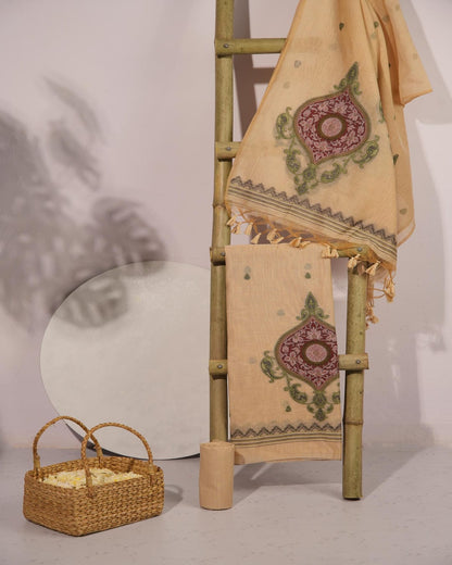 Cream and Terracotta Muga Cotton Unstitched Suit Set