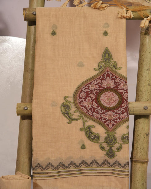 Cream and Terracotta Muga Cotton Unstitched Suit Set