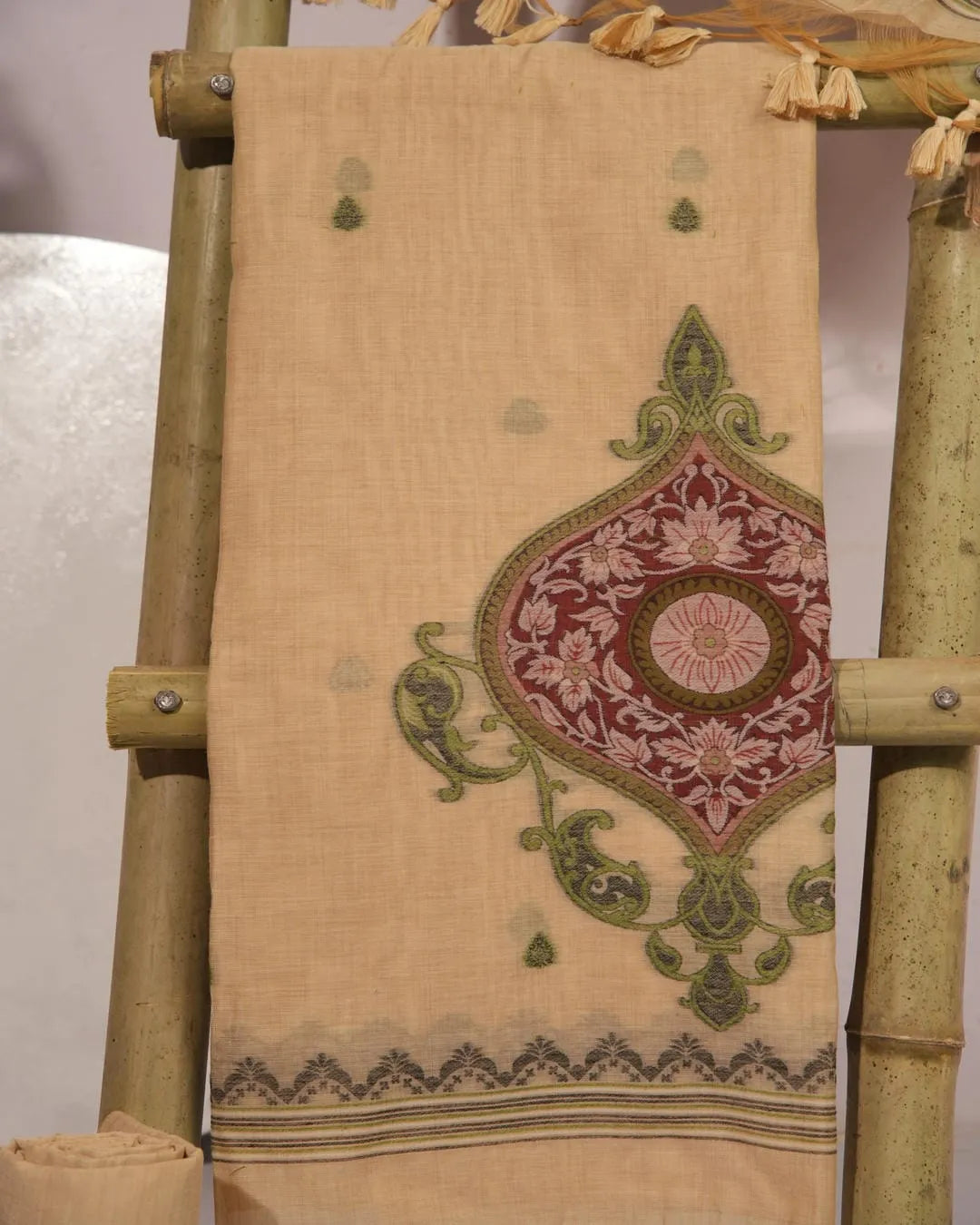 Chikoo Paisley Muga Cotton Unstitched Suit Material with Printed Dupatta