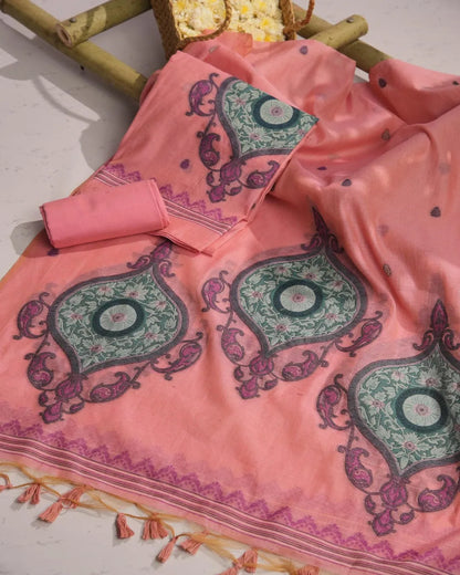 Chikoo Paisley Muga Cotton Unstitched Suit Material with Printed Dupatta