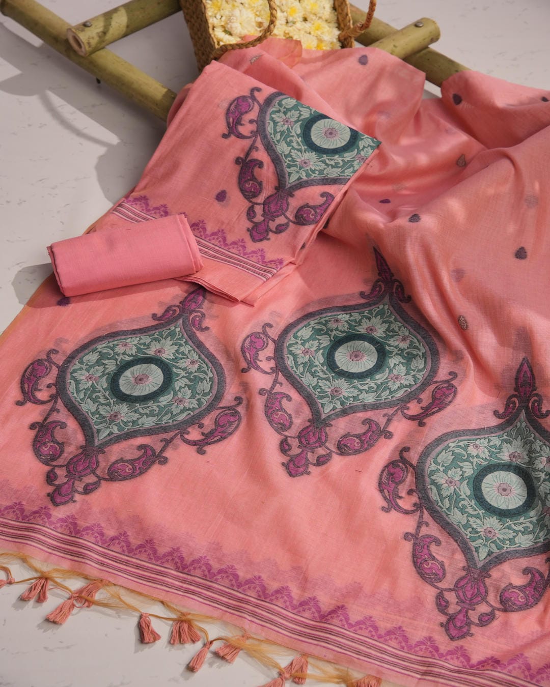 Peach Pink and Teal Muga Cotton Unstitched Suit Set.