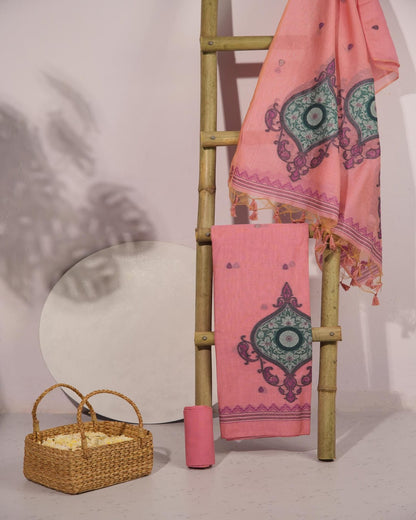 Peach Pink and Teal Muga Cotton Unstitched Suit Set.