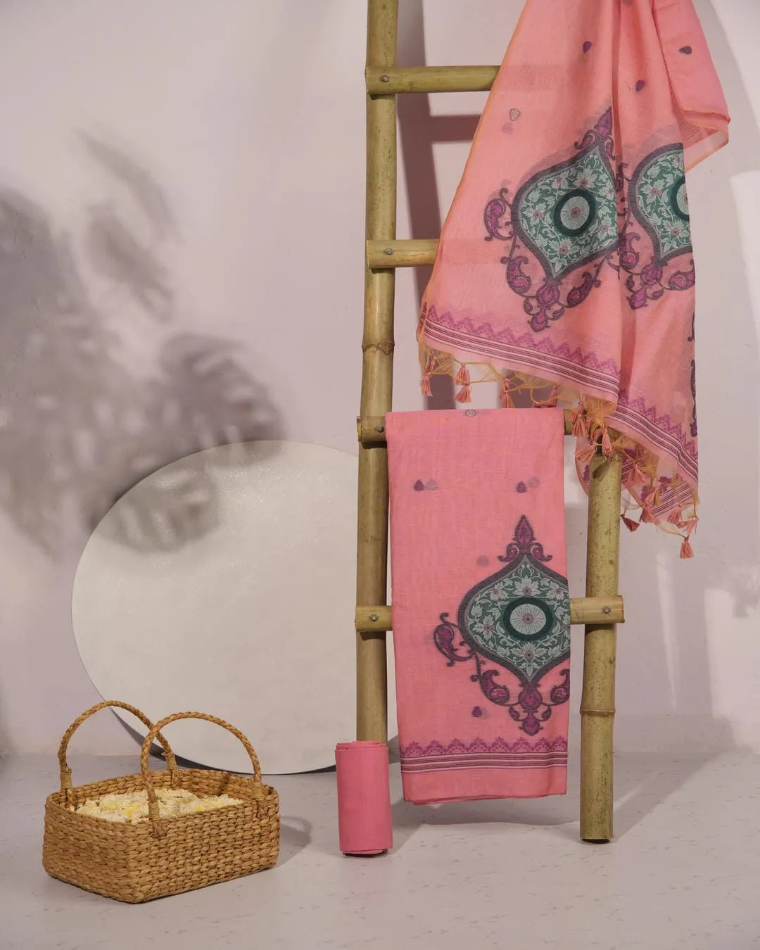 Pink Paisley Muga Cotton Unstitched Suit Material with Printed Dupatta