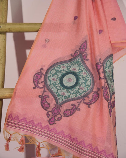 Peach Pink and Teal Muga Cotton Unstitched Suit Set.