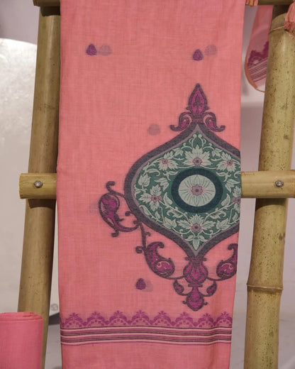 Pink Paisley Muga Cotton Unstitched Suit Material with Printed Dupatta
