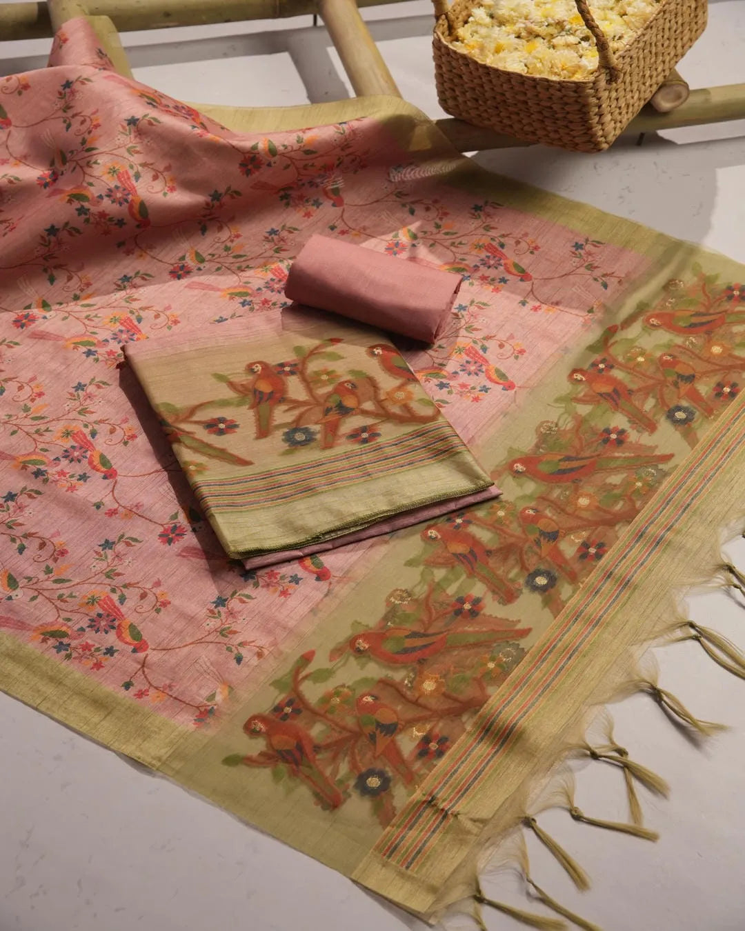 Pastel Green Lotus Motif Semi Tussar Silk Unstitched Suit Material with Printed Dupatta
