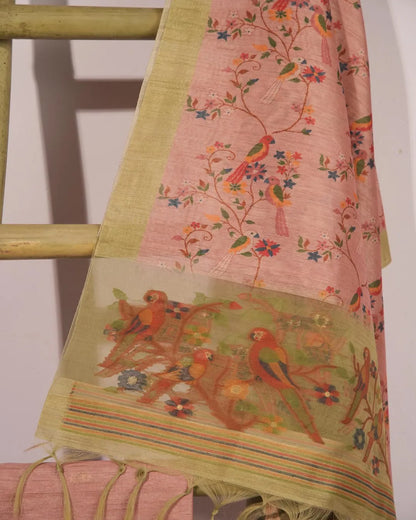 Blush Bliss – Peach Semi Tussar Silk Unstitched Suit