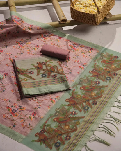 Blush Bliss – Peach Semi Tussar Silk Unstitched Suit