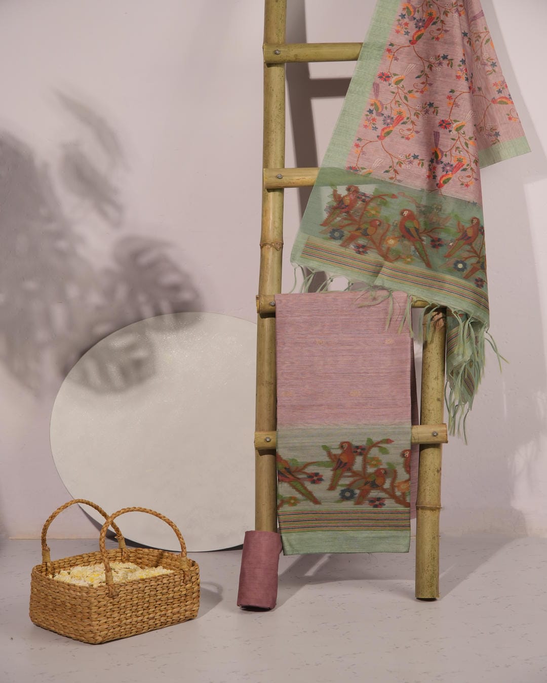 Mint Green and Pastel Pink Muga Cotton Unstitched Suit Set