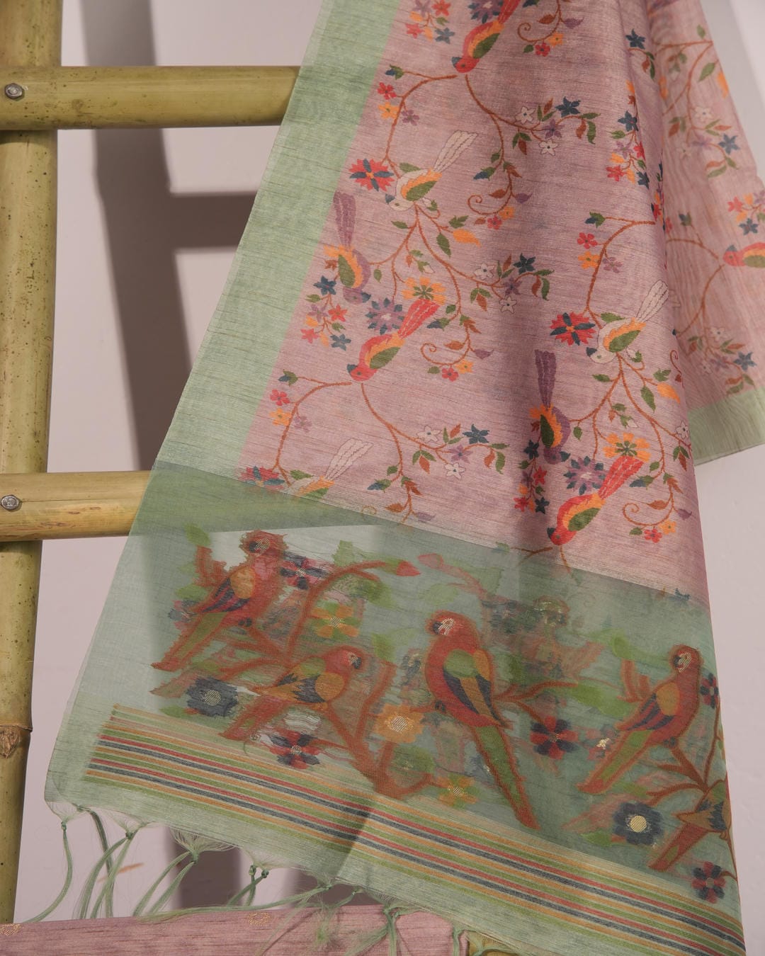 Mint Green and Pastel Pink Muga Cotton Unstitched Suit Set