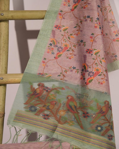 Mint Green and Pastel Pink Muga Cotton Unstitched Suit Set