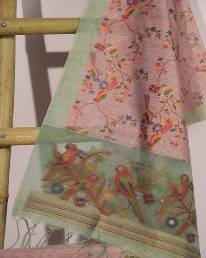 Pastel Green Lotus Motif Semi Tussar Silk Unstitched Suit Material with Printed Dupatta