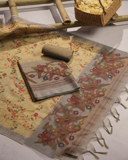 Olive Gold and Slate Grey Semi Tussar Silk Unstitched Suit Set