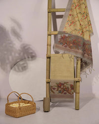 Beige Lotus Motif Semi Tussar Silk Unstitched Suit Material with Printed Dupatta