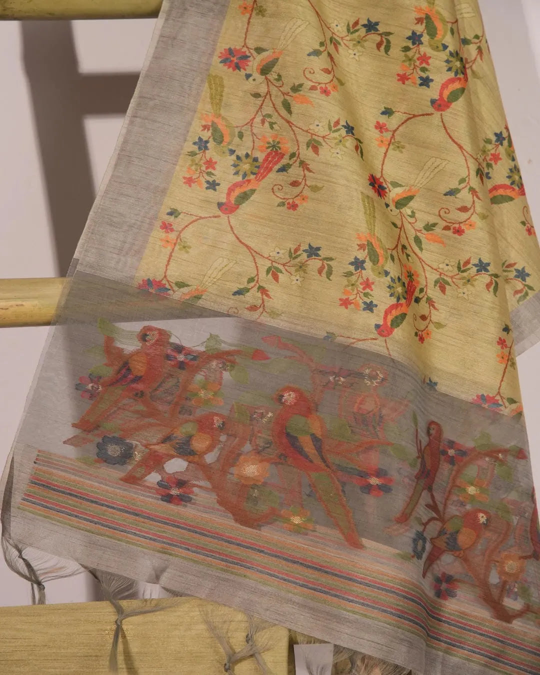 Beige Lotus Motif Semi Tussar Silk Unstitched Suit Material with Printed Dupatta