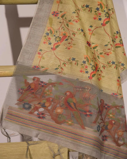 Beige Lotus Motif Semi Tussar Silk Unstitched Suit Material with Printed Dupatta