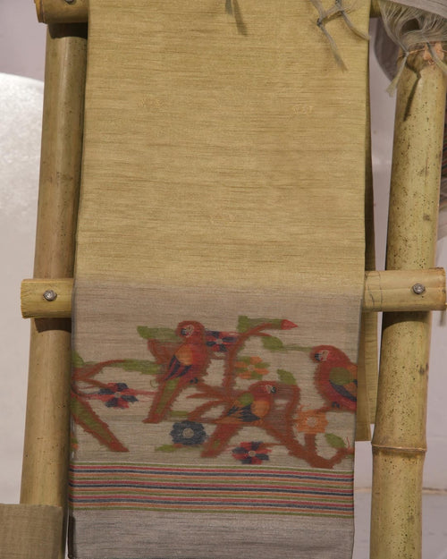 Olive Gold and Slate Grey Semi Tussar Silk Unstitched Suit Set