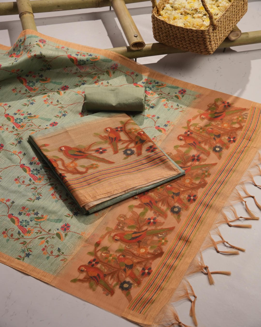 Mint Green and Pastel Pink Muga Cotton Unstitched Suit Set