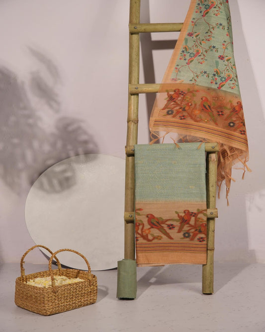 Sage Green and Peach Semi Tussar Silk Unstitched Suit Set.