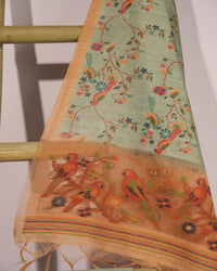 Pastel Green Lotus Motif Semi Tussar Silk Unstitched Suit Material with Printed Dupatta