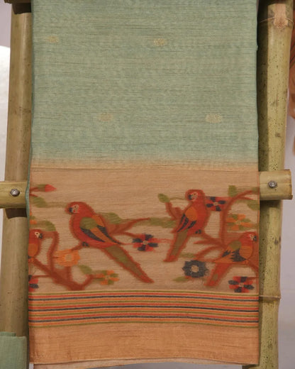 Pastel Green Lotus Motif Semi Tussar Silk Unstitched Suit Material with Printed Dupatta