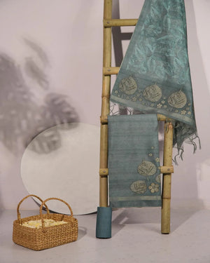 Peacock Blue Leaf Motif Semi Tussar Silk Unstitched Suit with Zari Border