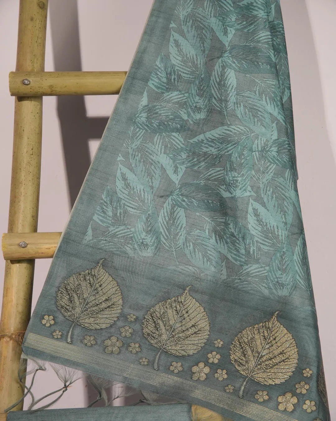 Peacock Blue Leaf Motif Semi Tussar Silk Unstitched Suit with Zari Border