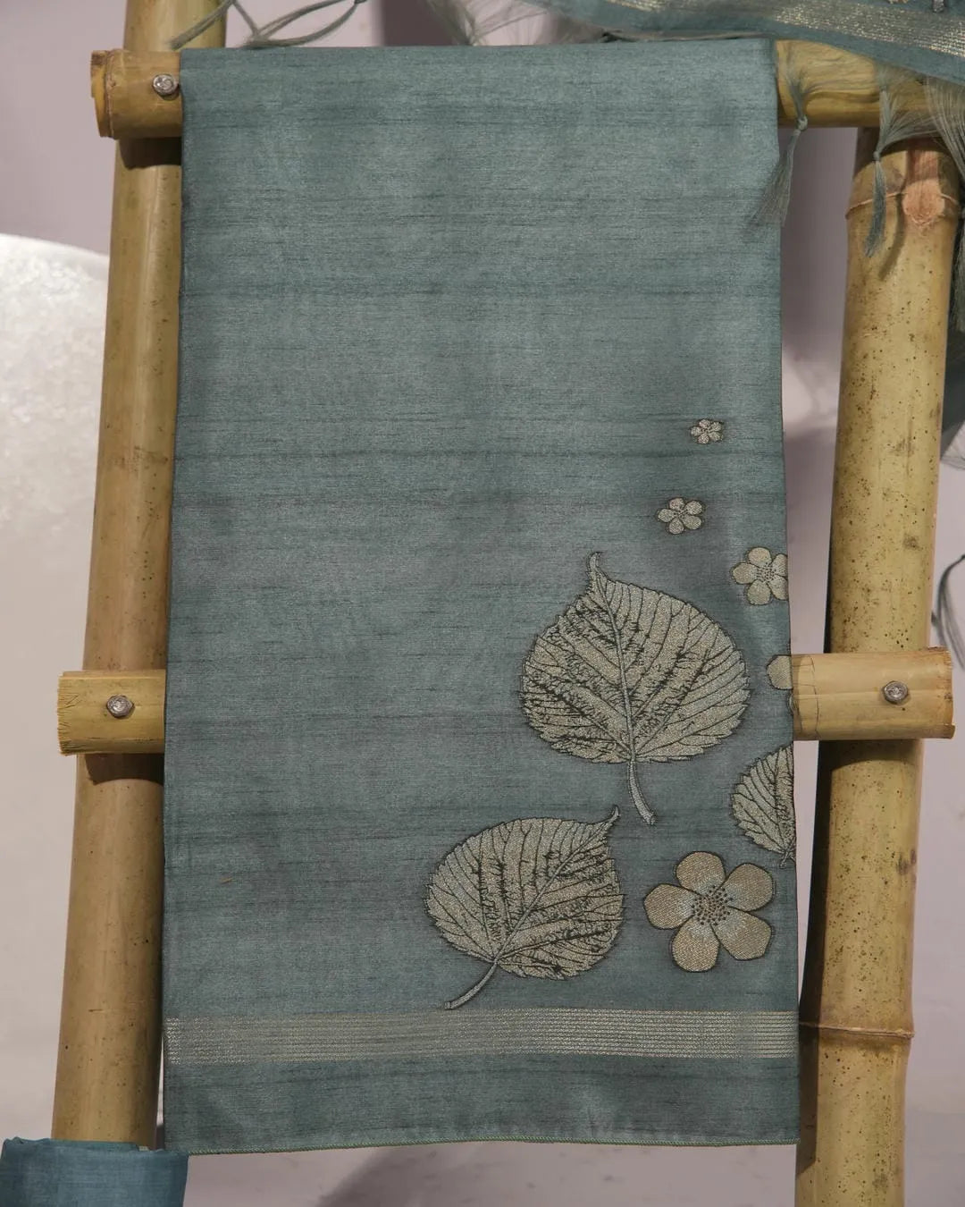 Peacock Blue Leaf Motif Semi Tussar Silk Unstitched Suit with Zari Border