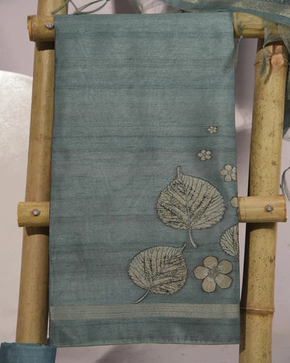 Peacock Blue Leaf Motif Semi Tussar Silk Unstitched Suit with Zari Border