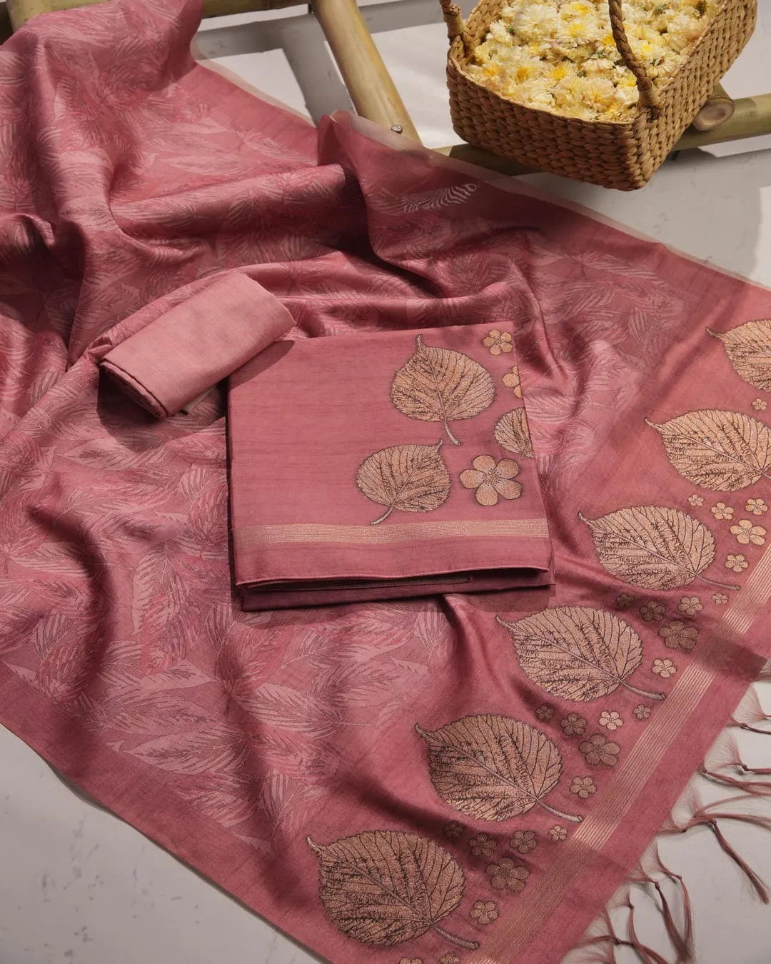 Peacock Blue Leaf Motif Semi Tussar Silk Unstitched Suit with Zari Border