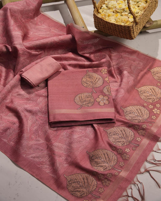 Onion Pink and Mauve-toned Semi Tussar Silk Unstitched Suit Set