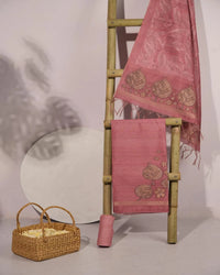 Dusty Rose Leaf Motif Semi Tussar Silk Unstitched Suit Material with Zari Border
