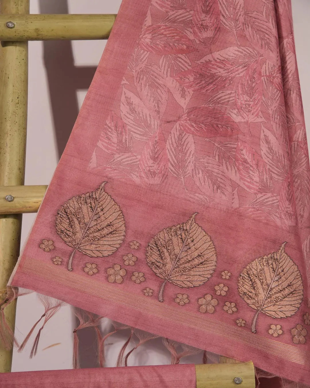 Dusty Rose Leaf Motif Semi Tussar Silk Unstitched Suit Material with Zari Border