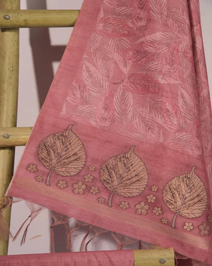 Dusty Rose Leaf Motif Semi Tussar Silk Unstitched Suit Material with Zari Border