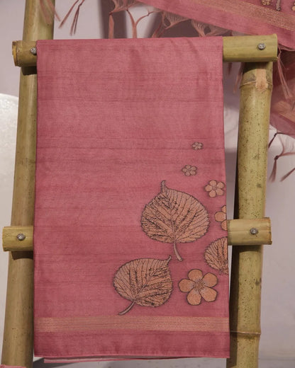 Dusty Rose Leaf Motif Semi Tussar Silk Unstitched Suit Material with Zari Border