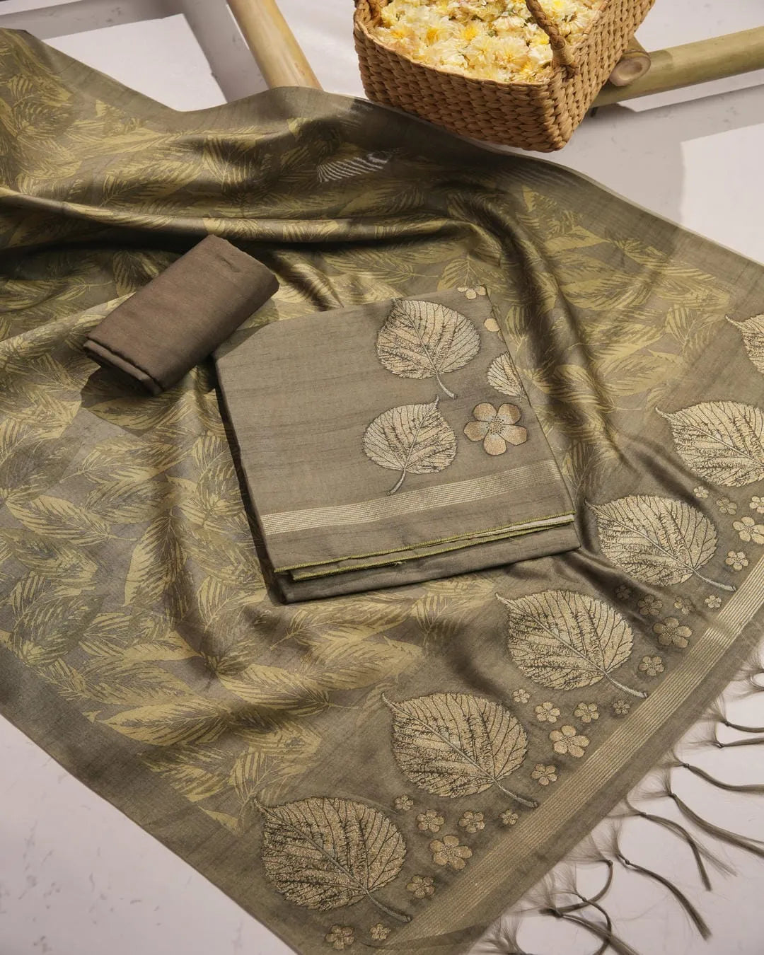 Peacock Blue Leaf Motif Semi Tussar Silk Unstitched Suit with Zari Border
