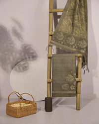 Olive Green Leaf Motif Semi Tussar Silk Unstitched Suit Material with Zari Border