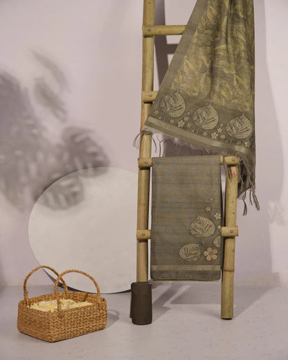 Olive Green Leaf Motif Semi Tussar Silk Unstitched Suit Material with Zari Border