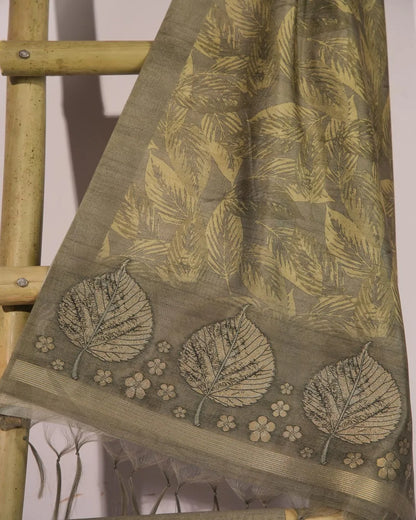 Olive Green Leaf Motif Semi Tussar Silk Unstitched Suit Material with Zari Border