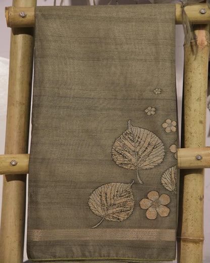 Olive Green Leaf Motif Semi Tussar Silk Unstitched Suit Material with Zari Border