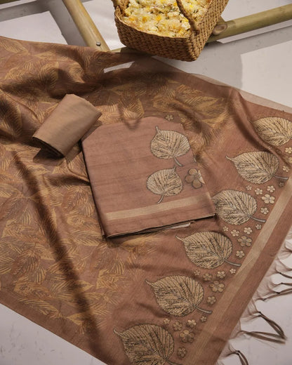 Olive Green Leaf Motif Semi Tussar Silk Unstitched Suit Material with Zari Border
