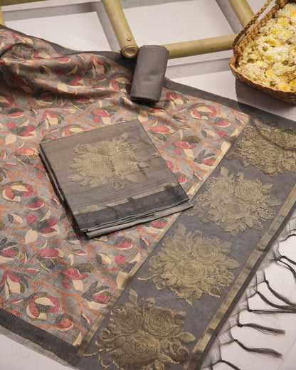 Prussian Blue Floral Semi Tussar Silk Unstitched Suit with Zari Border