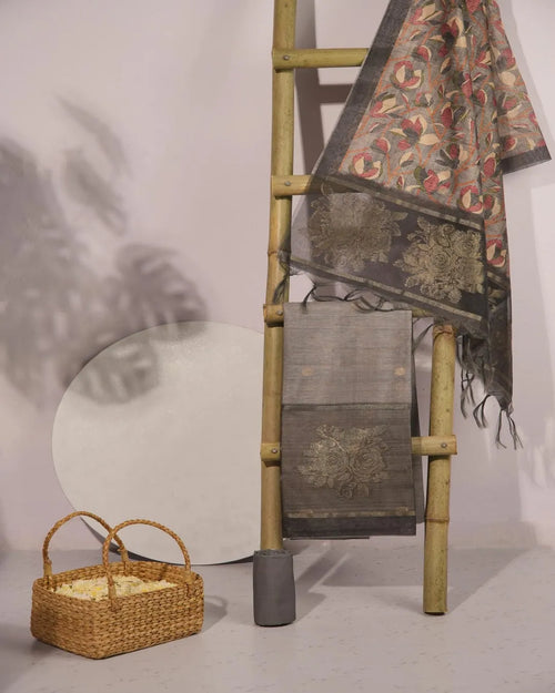 Prussian Blue Floral Semi Tussar Silk Unstitched Suit with Zari Border